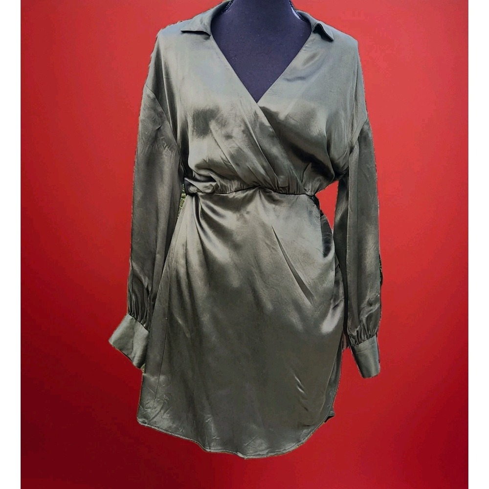 Medium Zara Emerald Green Satin V Neck Collar Ruched Long Sleeve FauxWrap Dress